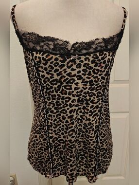 Y2K Leopard Print Cami Top w Lace Trim & Corset Ribbon Detail.